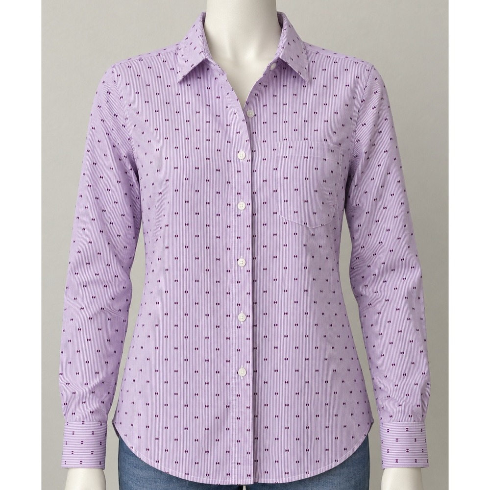 Gap Perfect Shirt Womens Medium Purple White Striped Bow Print Button Down Top